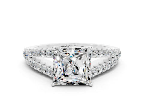 White gold Princess Cut Cut Split Shank Pave Diamond Engagement Ring with Four-Prong Setting