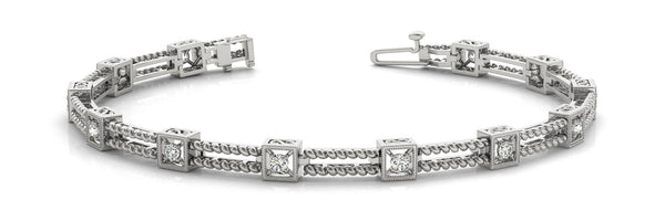 White gold Princess Cut Diamond Box Link Tennis Bracelet with Milgrain Prong Setting