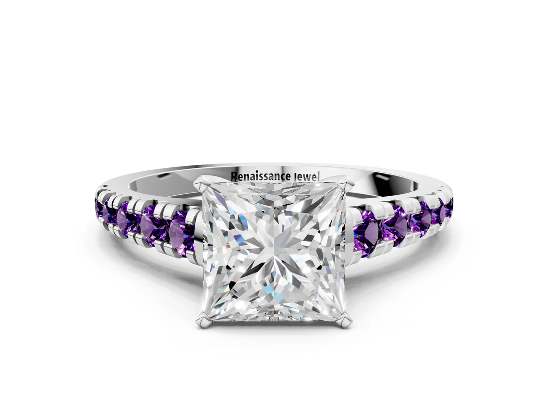 White gold Princess Cut Diamond Cathedral Solitaire Ring with Round with Amethyst side stone Pavé Band_12