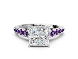 White gold Princess Cut Diamond Cathedral Solitaire Ring with Round with Amethyst side stone Pavé Band_12