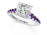 White gold Princess Cut Diamond Cathedral Solitaire Ring with Round with Amethyst side stone Pavé Band_13