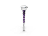 White gold Princess Cut Diamond Cathedral Solitaire Ring with Round with Amethyst side stone Pavé Band_14