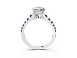 White gold Princess Cut Diamond Cathedral Solitaire Ring with Round with Amethyst side stone Pavé Band_15
