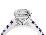 White gold Princess Cut Diamond Cathedral Solitaire Ring with Round with Amethyst side stone Pavé Band_16