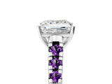 White gold Princess Cut Diamond Cathedral Solitaire Ring with Round with Amethyst side stone Pavé Band_17