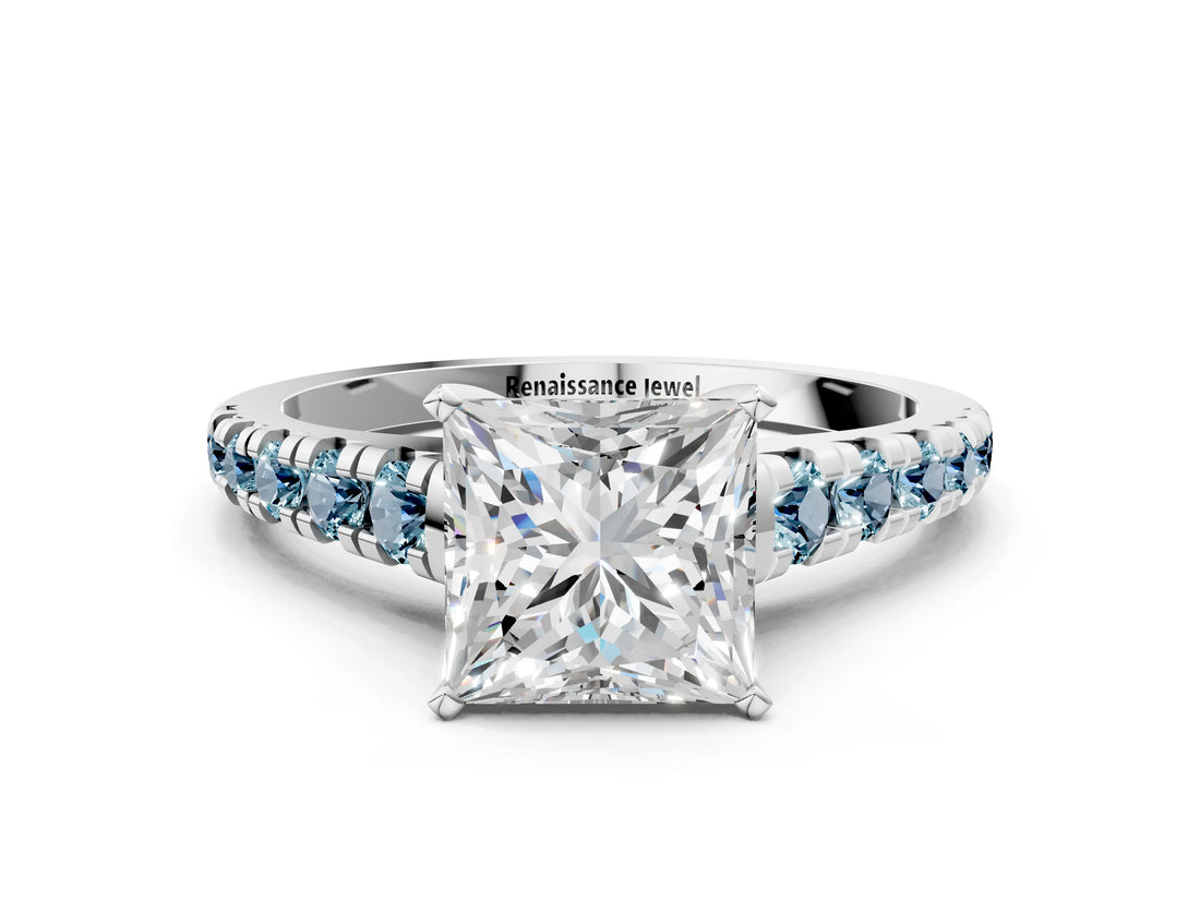 White gold Princess Cut Diamond Cathedral Solitaire Ring with Round with Aquamarine side stone Pavé Band_12