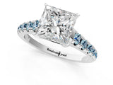 White gold Princess Cut Diamond Cathedral Solitaire Ring with Round with Aquamarine side stone Pavé Band_13