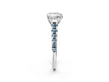White gold Princess Cut Diamond Cathedral Solitaire Ring with Round with Aquamarine side stone Pavé Band_14