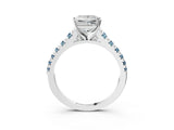 White gold Princess Cut Diamond Cathedral Solitaire Ring with Round with Aquamarine side stone Pavé Band_15