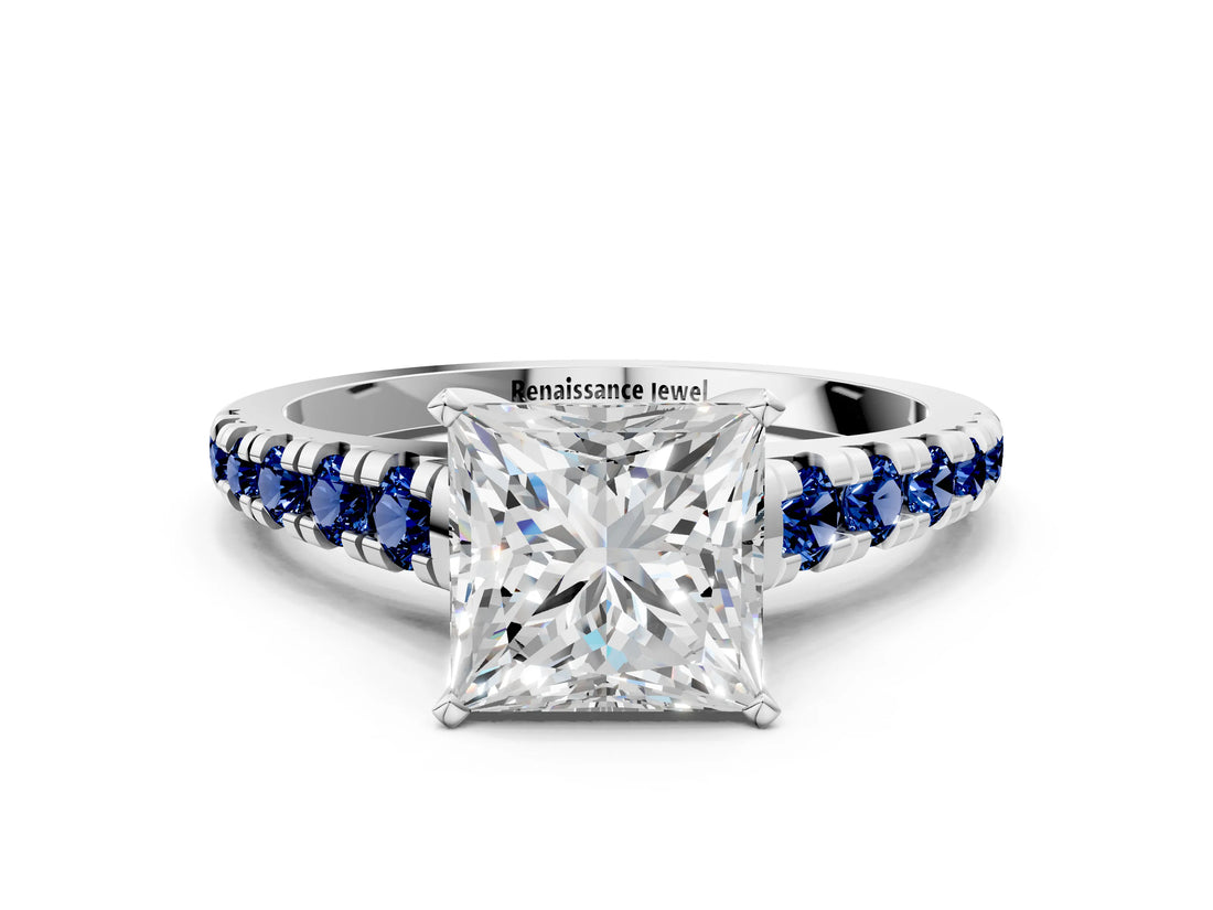 White gold Princess Cut Diamond Cathedral Solitaire Ring with Round with Blue Sapphire side stone Pavé Band_12