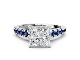White gold Princess Cut Diamond Cathedral Solitaire Ring with Round with Blue Sapphire side stone Pavé Band_12
