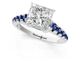White gold Princess Cut Diamond Cathedral Solitaire Ring with Round with Blue Sapphire side stone Pavé Band_13