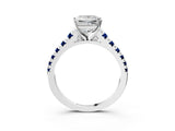 White gold Princess Cut Diamond Cathedral Solitaire Ring with Round with Blue Sapphire side stone Pavé Band_15
