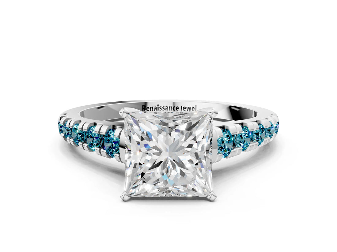 White gold Princess Cut Diamond Cathedral Solitaire Ring with Round with Blue Topaz side stone Pavé Band