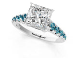 White gold Princess Cut Diamond Cathedral Solitaire Ring with Round with Blue Topaz side stone Pavé Band_1