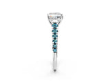 White gold Princess Cut Diamond Cathedral Solitaire Ring with Round with Blue Topaz side stone Pavé Band_2