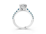 White gold Princess Cut Diamond Cathedral Solitaire Ring with Round with Blue Topaz side stone Pavé Band_3