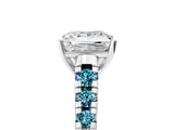 White gold Princess Cut Diamond Cathedral Solitaire Ring with Round with Blue Topaz side stone Pavé Band_5