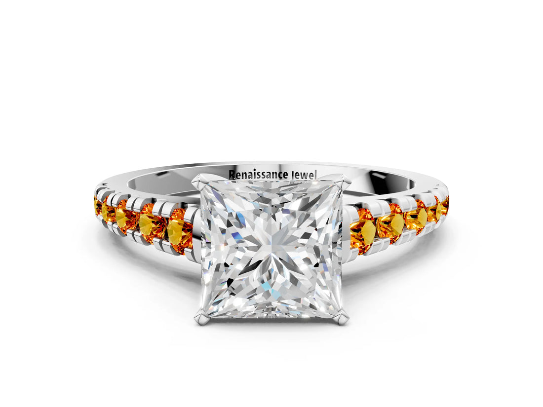 White gold Princess Cut Diamond Cathedral Solitaire Ring with Round with Citrine side stone Pavé Band_36