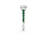 White gold Princess Cut Diamond Cathedral Solitaire Ring with Round with Emerald side stone Pavé Band_20