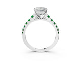 White gold Princess Cut Diamond Cathedral Solitaire Ring with Round with Emerald side stone Pavé Band_21