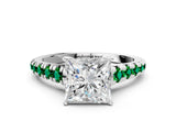 White gold Princess Cut Diamond Cathedral Solitaire Ring with Round with Emerald side stone Pavé Band_24
