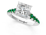 White gold Princess Cut Diamond Cathedral Solitaire Ring with Round with Emerald side stone Pavé Band_25