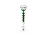 White gold Princess Cut Diamond Cathedral Solitaire Ring with Round with Emerald side stone Pavé Band_26
