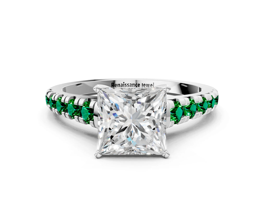 White gold Princess Cut Diamond Cathedral Solitaire Ring with Round with Emerald side stone Pavé Band_34