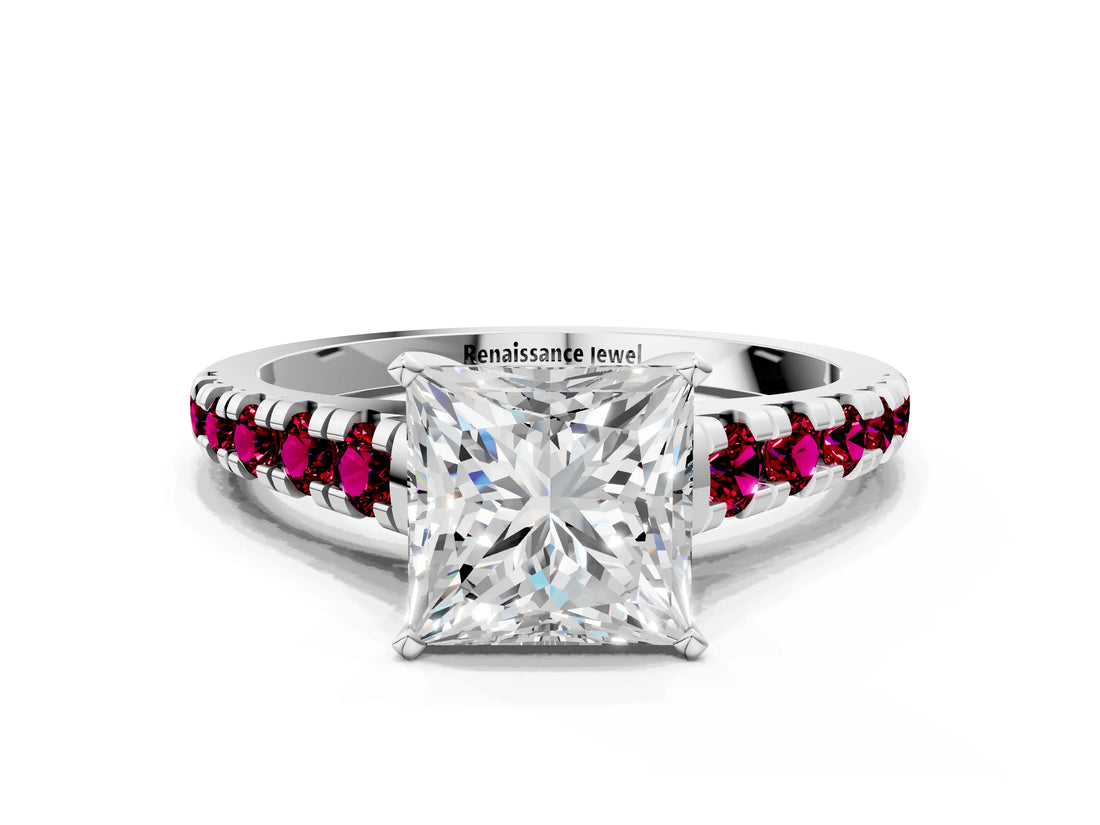 White gold Princess Cut Diamond Cathedral Solitaire Ring with Round with Garnet side stone Pavé Band_12