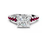 White gold Princess Cut Diamond Cathedral Solitaire Ring with Round with Garnet side stone Pavé Band_12