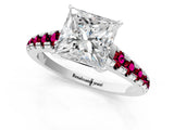 White gold Princess Cut Diamond Cathedral Solitaire Ring with Round with Garnet side stone Pavé Band_13