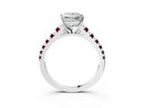 White gold Princess Cut Diamond Cathedral Solitaire Ring with Round with Garnet side stone Pavé Band_15