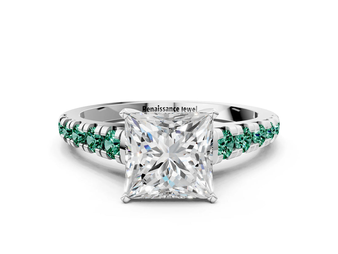 White gold Princess Cut Diamond Cathedral Solitaire Ring with Round with Green Sapphire side stone Pavé Band_12