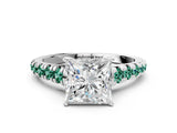 White gold Princess Cut Diamond Cathedral Solitaire Ring with Round with Green Sapphire side stone Pavé Band_12
