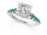 White gold Princess Cut Diamond Cathedral Solitaire Ring with Round with Green Sapphire side stone Pavé Band_13