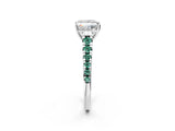 White gold Princess Cut Diamond Cathedral Solitaire Ring with Round with Green Sapphire side stone Pavé Band_14