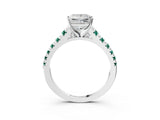 White gold Princess Cut Diamond Cathedral Solitaire Ring with Round with Green Sapphire side stone Pavé Band_15