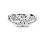 White gold Princess Cut Diamond Cathedral Solitaire Ring with Round with Moissanite side stone Pavé Band_12