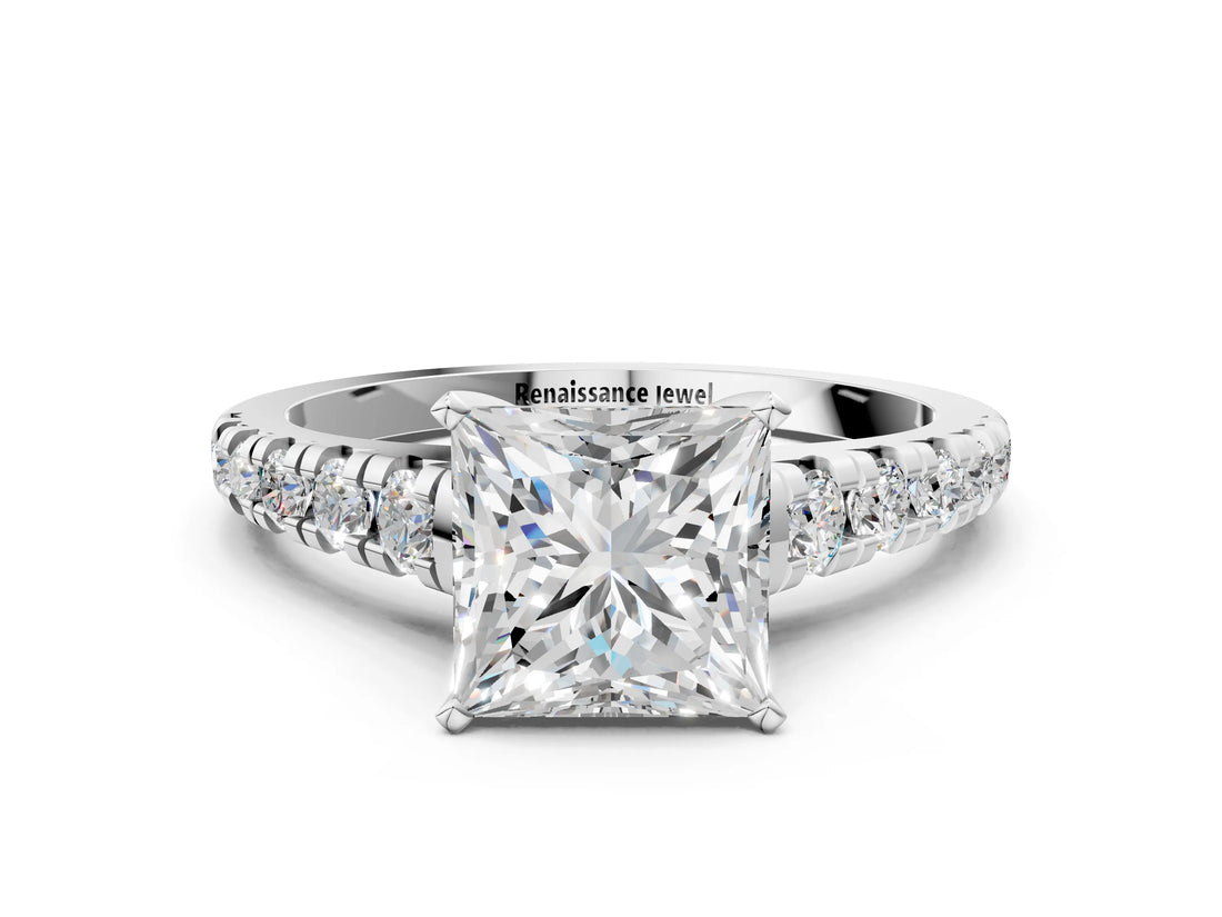 White gold Princess Cut Diamond Cathedral Solitaire Ring with Round with Moissanite side stone Pavé Band_12