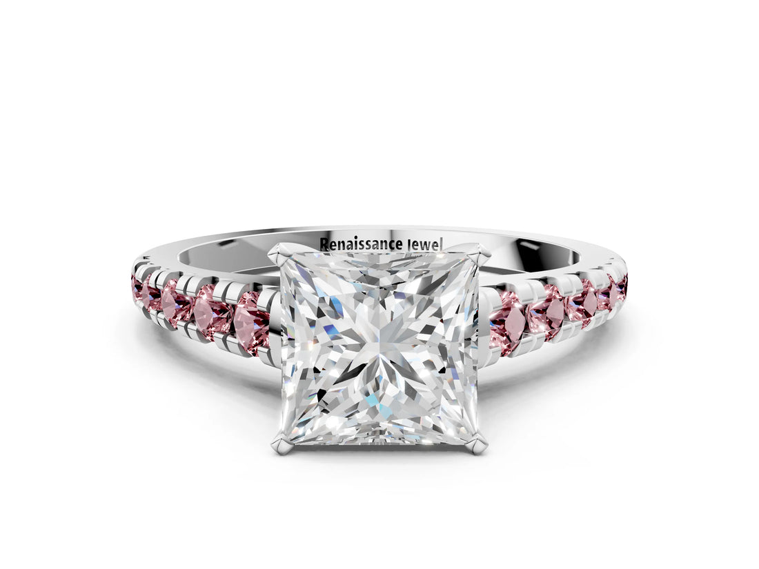 White gold Princess Cut Diamond Cathedral Solitaire Ring with Round with Morganite side stone Pavé Band_12