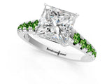 White gold Princess Cut Diamond Cathedral Solitaire Ring with Round with Peridot side stone Pavé Band_1