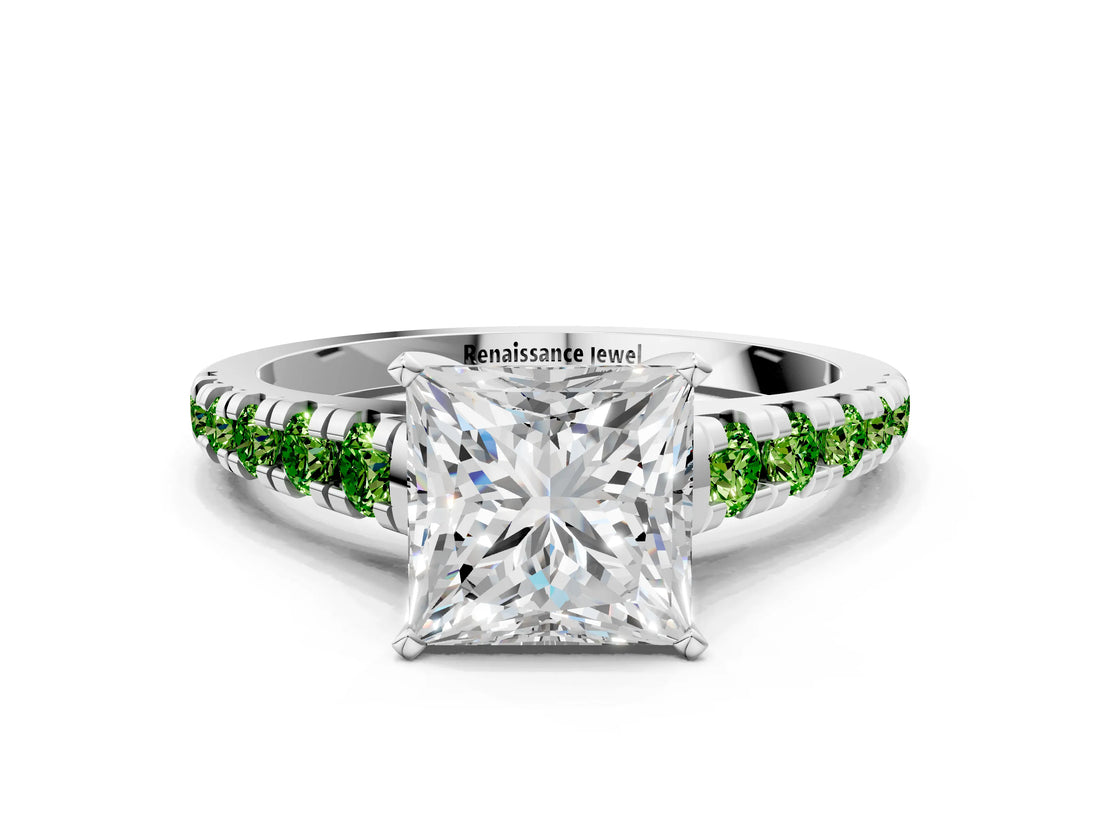 White gold Princess Cut Diamond Cathedral Solitaire Ring with Round with Peridot side stone Pavé Band
