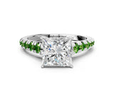 White gold Princess Cut Diamond Cathedral Solitaire Ring with Round with Peridot side stone Pavé Band