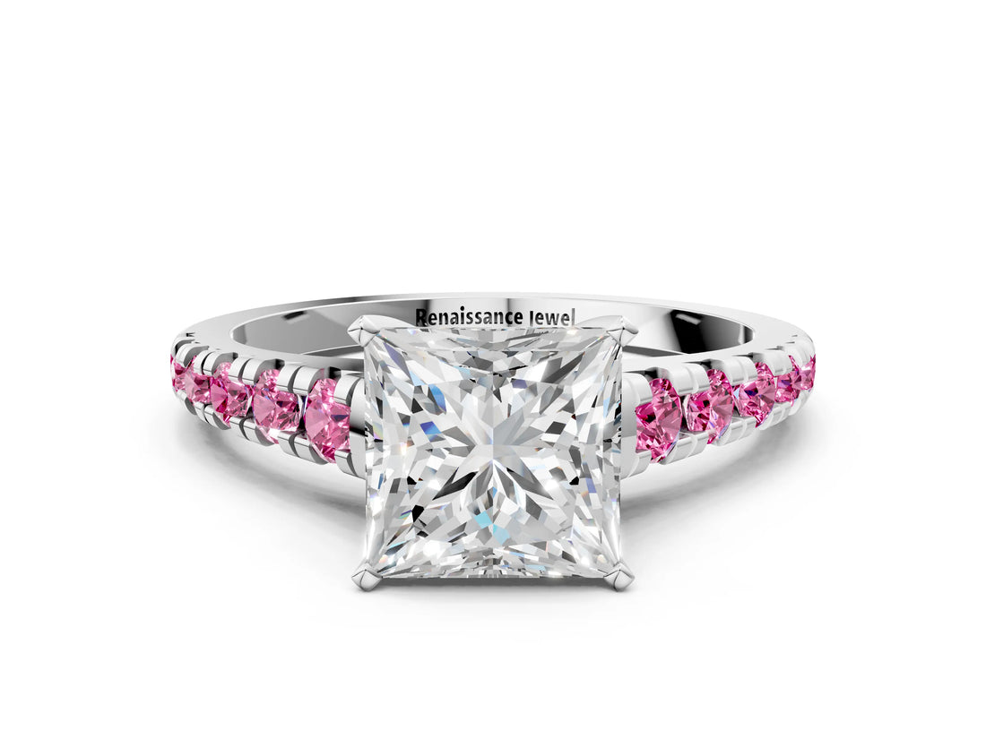 White gold Princess Cut Diamond Cathedral Solitaire Ring with Round with Pink Sapphire side stone Pavé Band_12