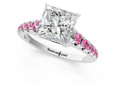 White gold Princess Cut Diamond Cathedral Solitaire Ring with Round with Pink Sapphire side stone Pavé Band_13