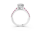 White gold Princess Cut Diamond Cathedral Solitaire Ring with Round with Pink Sapphire side stone Pavé Band_15