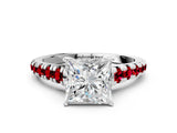 White gold Princess Cut Diamond Cathedral Solitaire Ring with Round with Ruby side stone Pavé Band_24