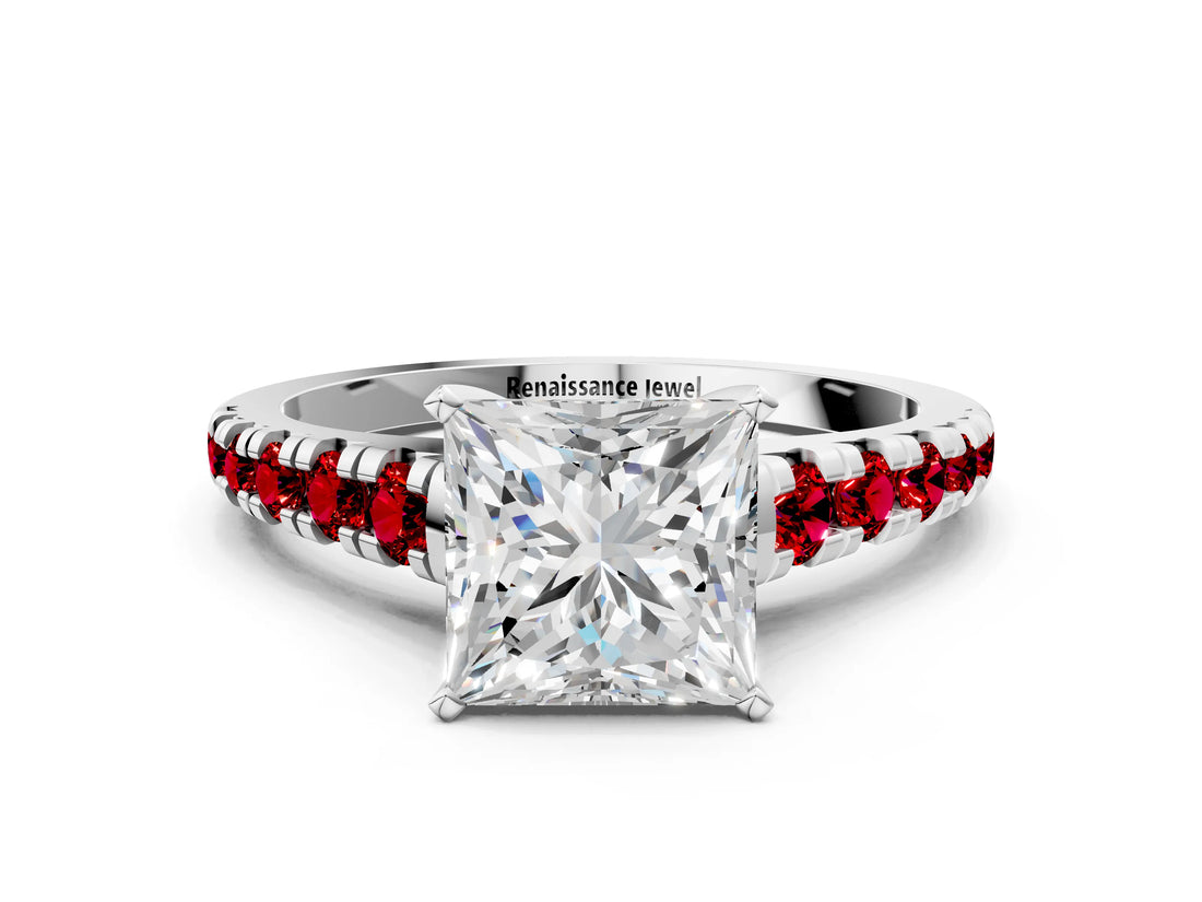 White gold Princess Cut Diamond Cathedral Solitaire Ring with Round with Ruby side stone Pavé Band_24