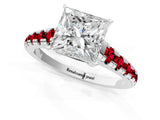White gold Princess Cut Diamond Cathedral Solitaire Ring with Round with Ruby side stone Pavé Band_25